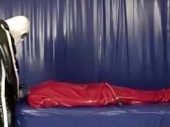 Rubber Slave Girl In Latex Bondage Bag With Sheet Mask Breathplay Blowjob