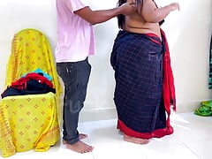 When Telugu Aunty wearing saree without blouse went to the shop to buy bra, Shopkeeper Fucks her while She Trial The Bra - Cum