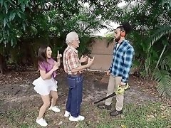 Slutty teen fucks with the gardener in backyard fantasy rounds