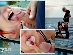 Redhead teen play with cum after amazing blowjob