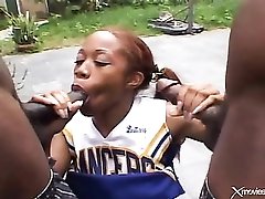 Sweet cheerleader double penetrated by black guys
